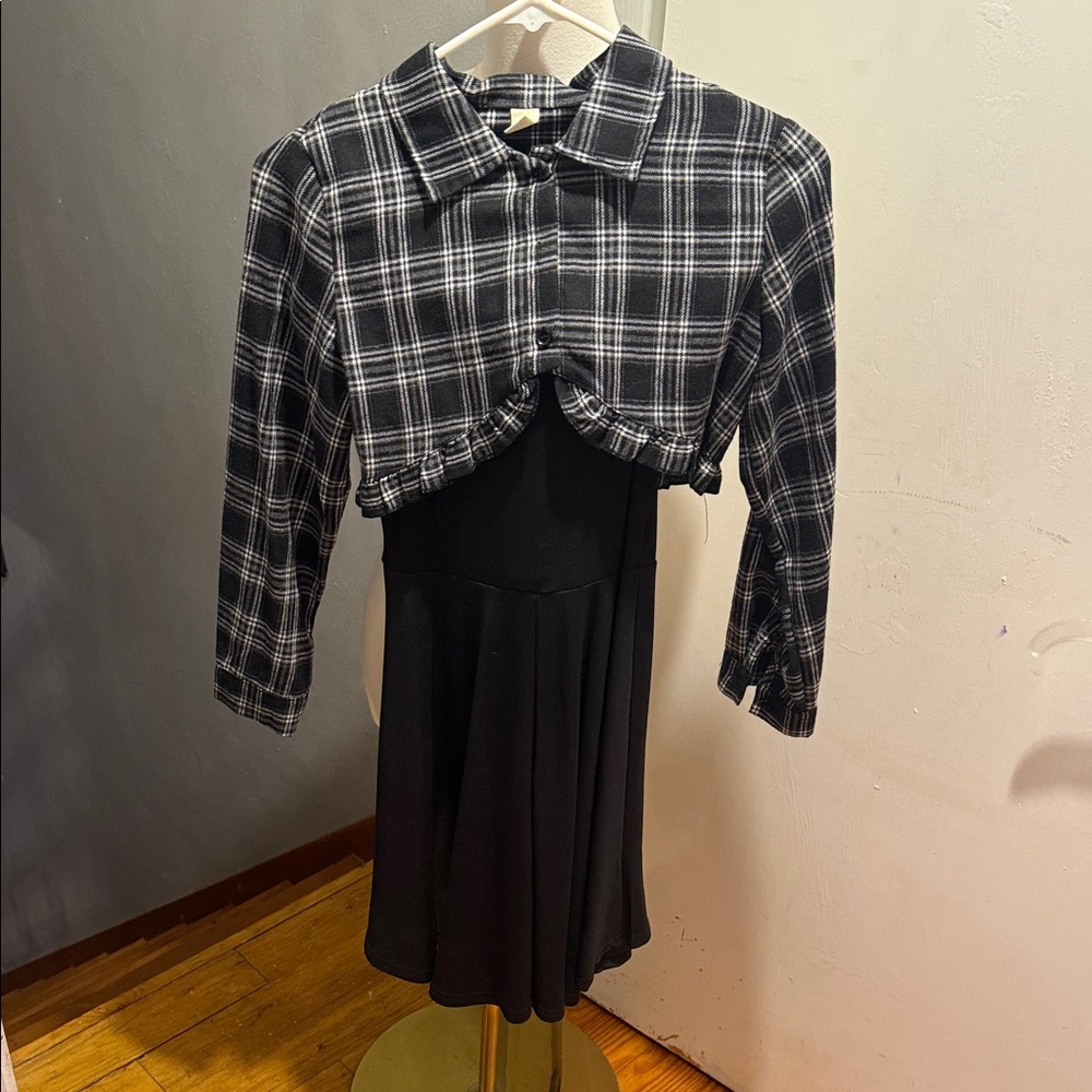 Black Dress w/ Black & White Plaid Cropped Ruffle button Jacket girls SZ 10/12